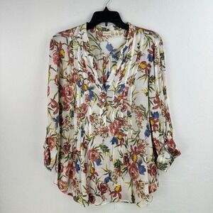 Westbound Top Womens Large White‎ Red Floral Blouse Pleated Cottagecore Roll-Tab